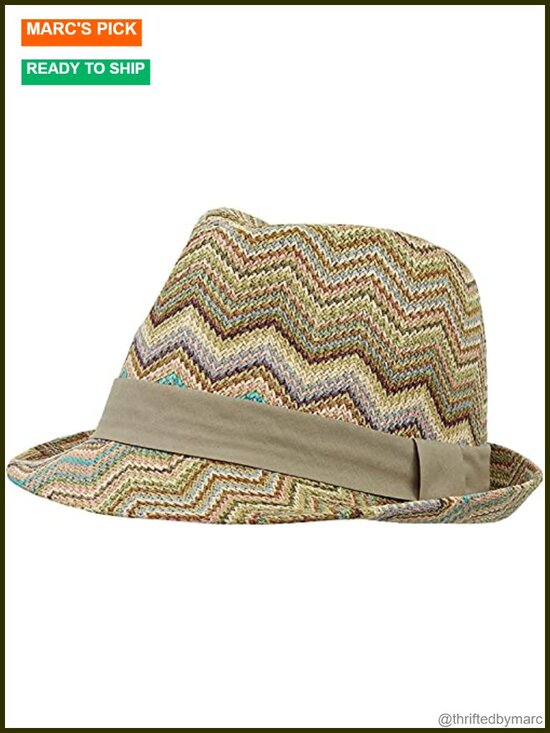 Straw Fedora Hat with Zigzag Wave Pattern - One Size